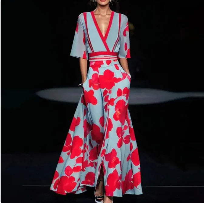 Summer Floral V-Neck Split Long Dress with Belt - Short Sleeve A-Line Maxi Dress for Women