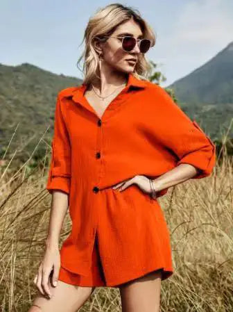 European Women’s Casual Outfit: Long Sleeve Shirt & Shorts