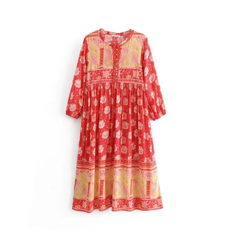 Floral Print Long Sleeve Maxi Dress with Buttons