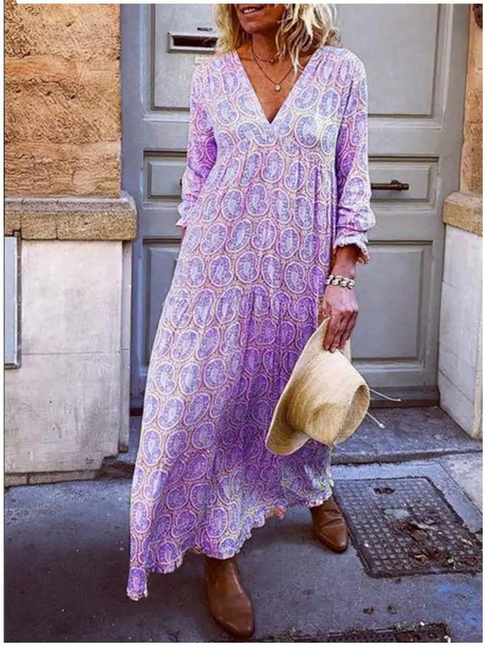 Long Sleeve Printed Loose Maxi Dress with V-Neck