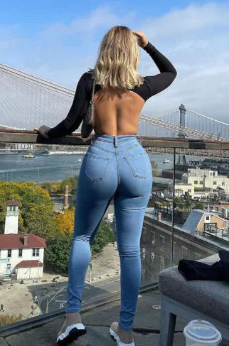 Sky Blue High Waist Skinny Jeans with Slash Pockets