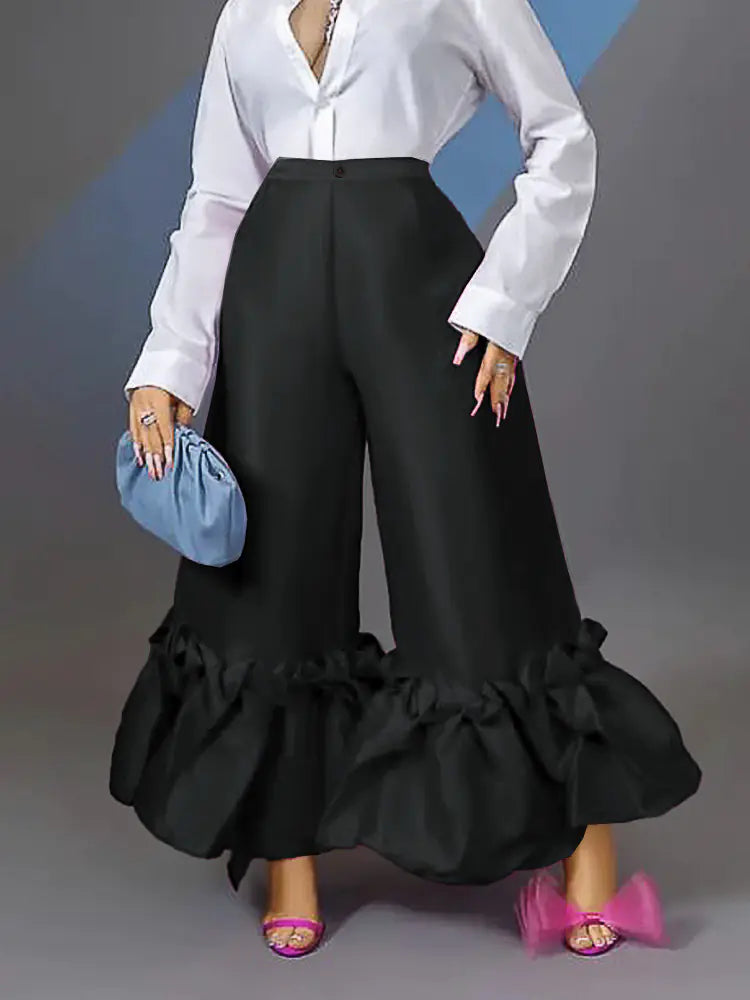 High Waist Loose Ruffled Casual Wide Leg Pants for Women