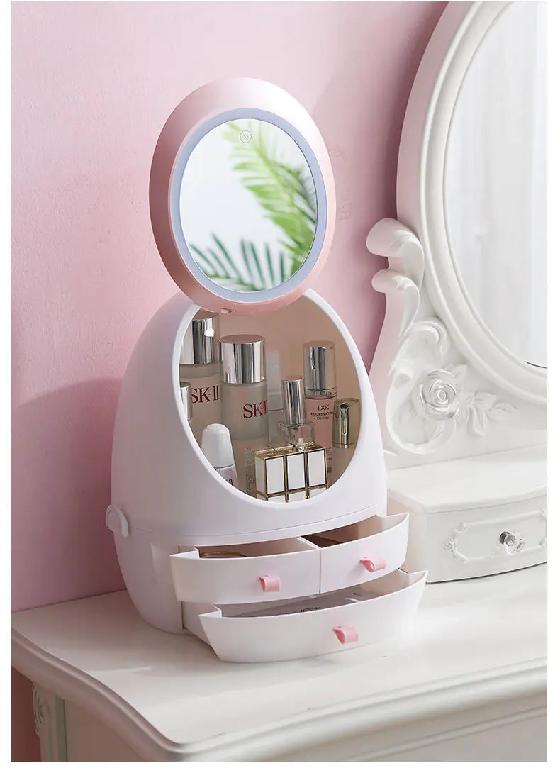Desktop Makeup Box with LED Mirror and Skincare Holder