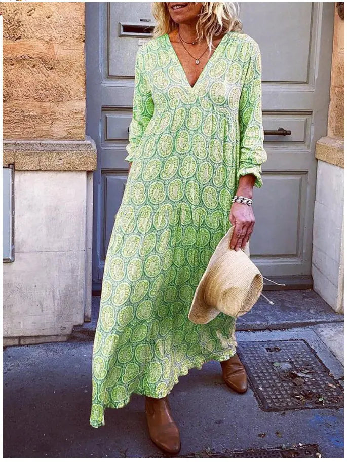 Long Sleeve Printed Loose Maxi Dress with V-Neck