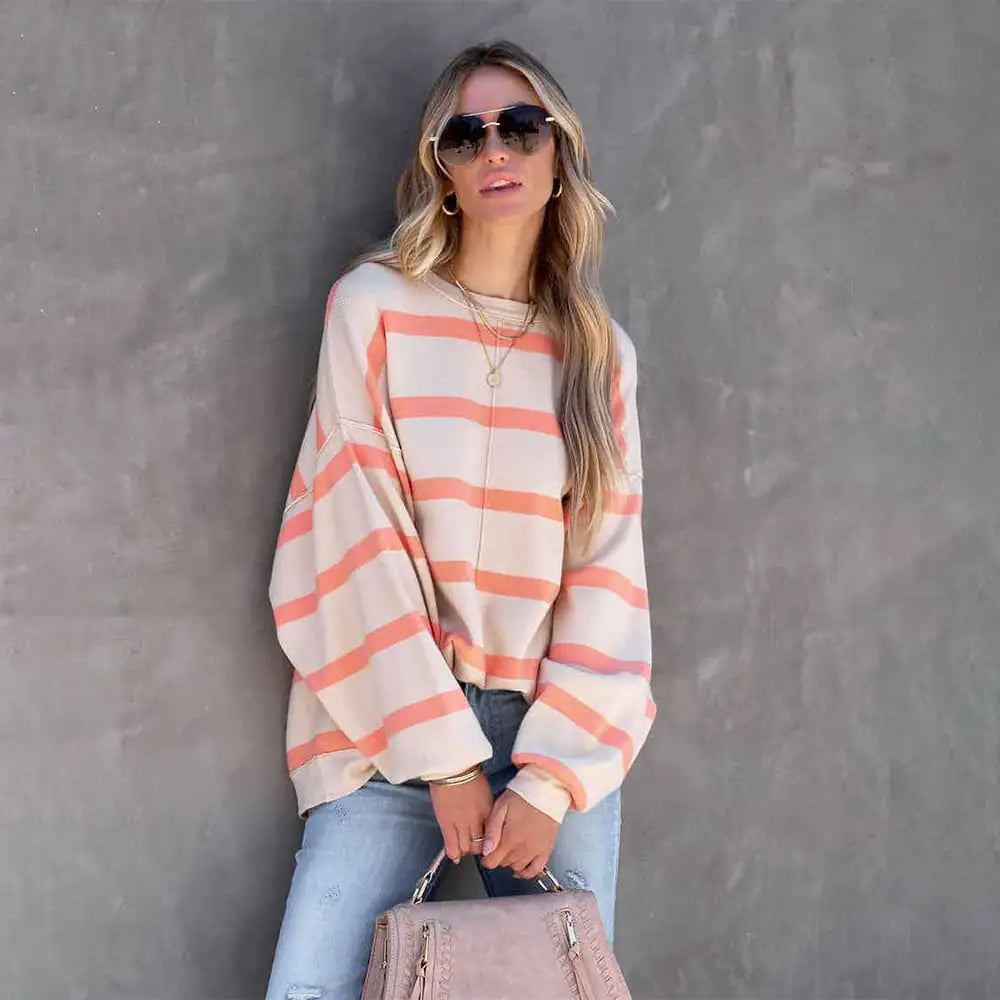 Striped Printed Long Sleeve Casual Top for Women