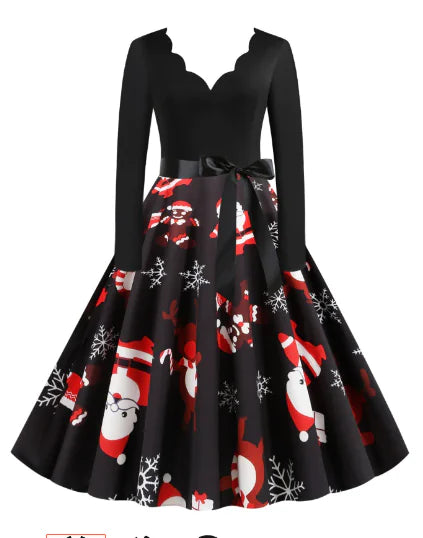 Vintage Print Long Sleeve Maxi Dress for Christmas