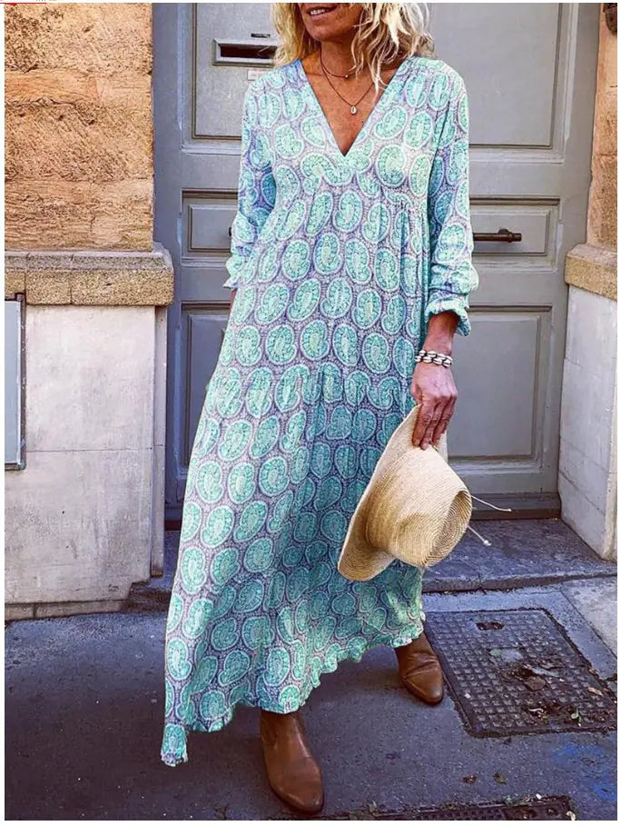 Long Sleeve Printed Loose Maxi Dress with V-Neck