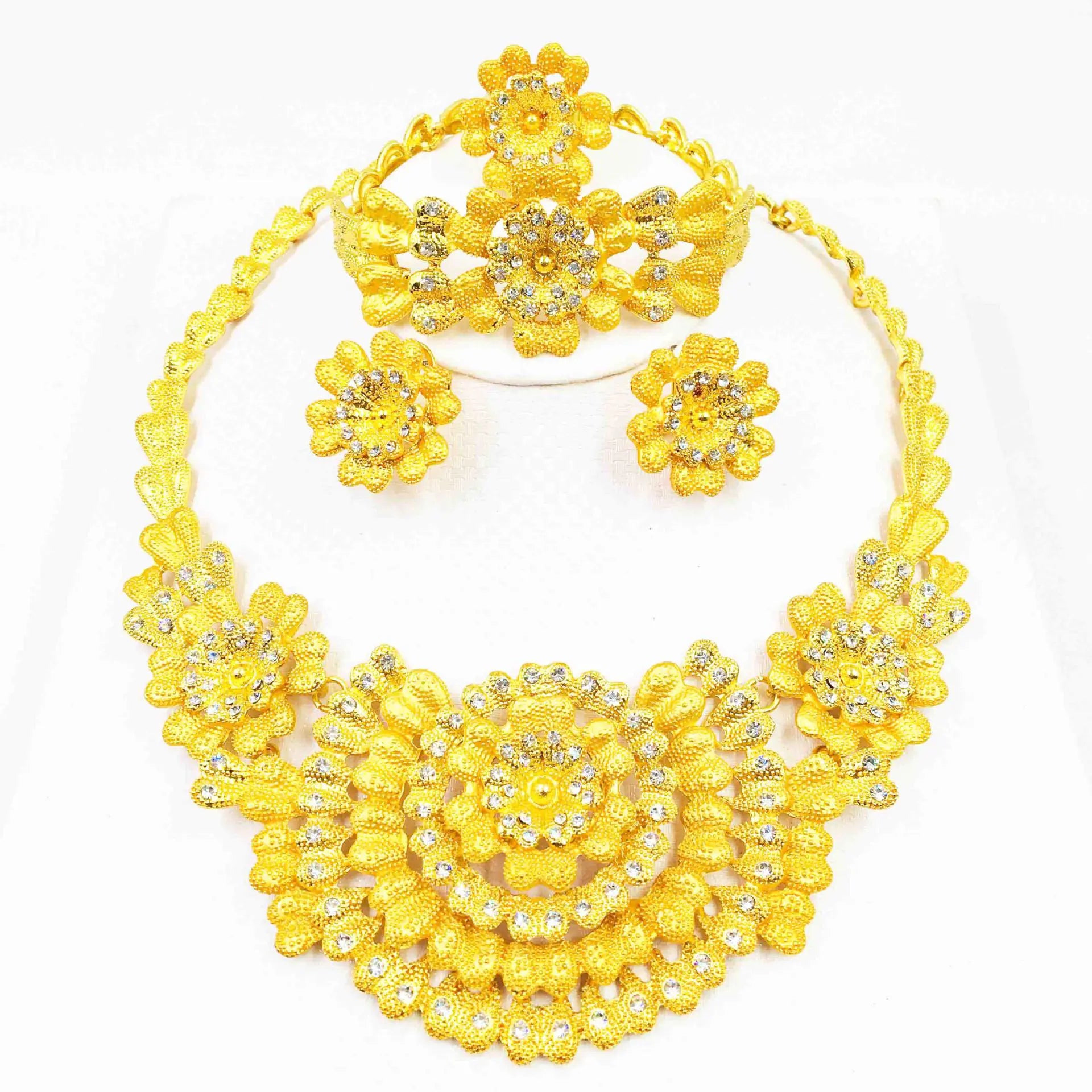 24K Gold Alloy Jewelry Set: Necklace, Bracelet, Ring, Earrings