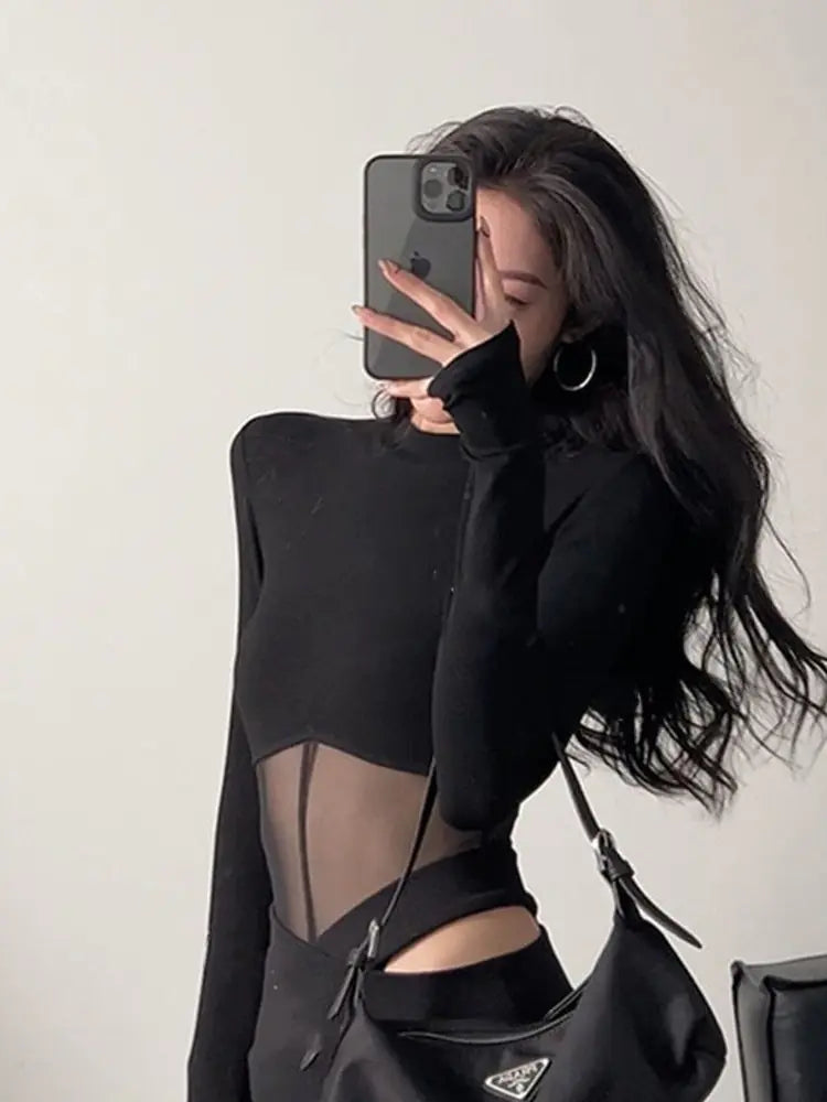 Black Long Sleeve Slim Fit Crop Top for Women