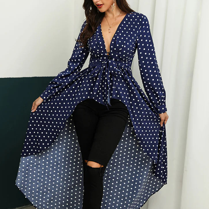 Long Sleeve Polka Dot Irregular Maxi Dress