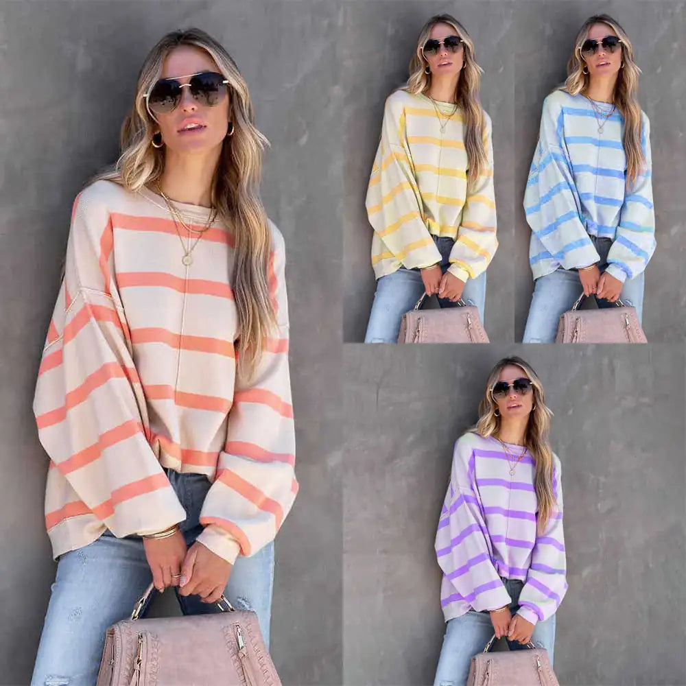 Striped Printed Long Sleeve Casual Top for Women