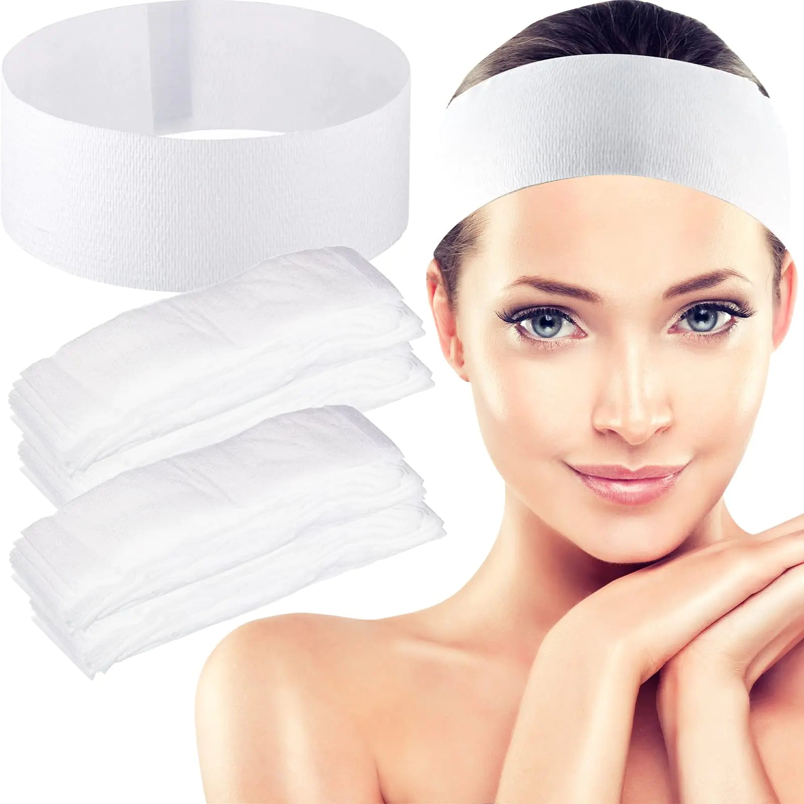Juinte 300 Pcs Disposable Spa Facial Headbands Stretch Non Woven Spa Headbands Elastic Skincare Head Wraps Soft Skin Care Hair Band with Convenient Closure for Women Makeup Salon Supplies(White)