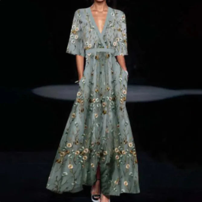 Summer Floral V-Neck Split Long Dress with Belt - Short Sleeve A-Line Maxi Dress for Women