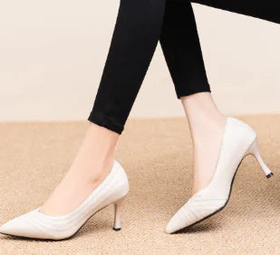 100% Cowhide High Heels - Beige Pointed Toe Pumps (One Pair)