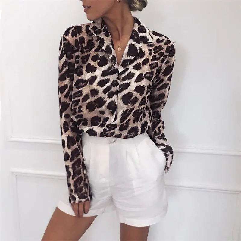 Long Sleeve Chiffon Leopard Print Women’s Shirt