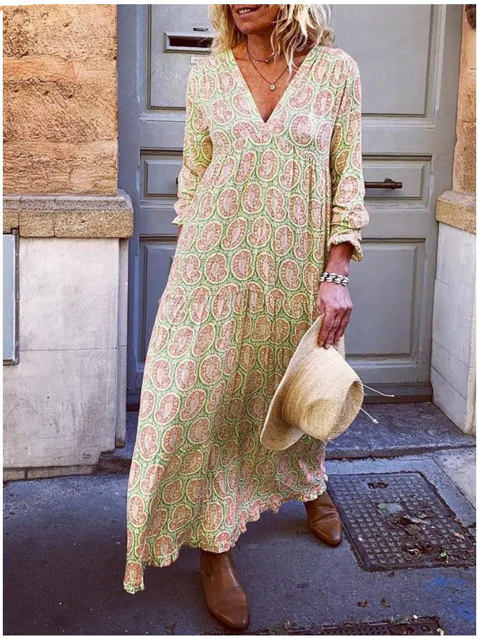 Long Sleeve Printed Loose Maxi Dress with V-Neck