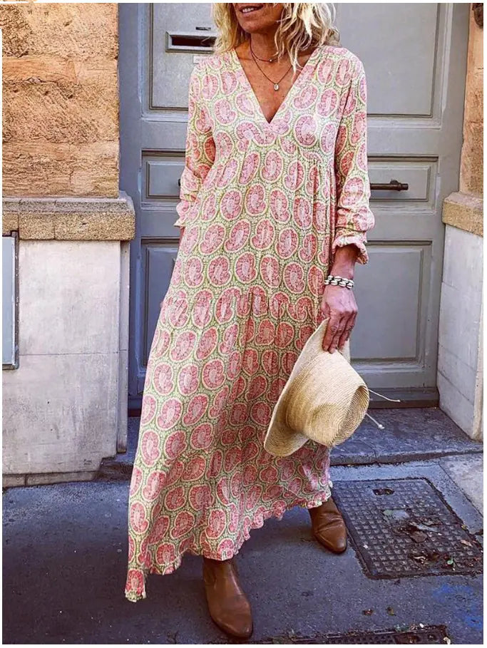 Long Sleeve Printed Loose Maxi Dress with V-Neck
