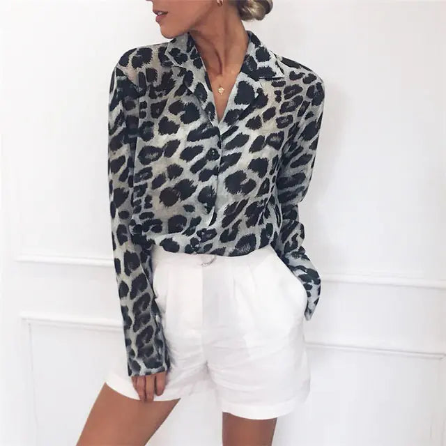Long Sleeve Chiffon Leopard Print Women’s Shirt