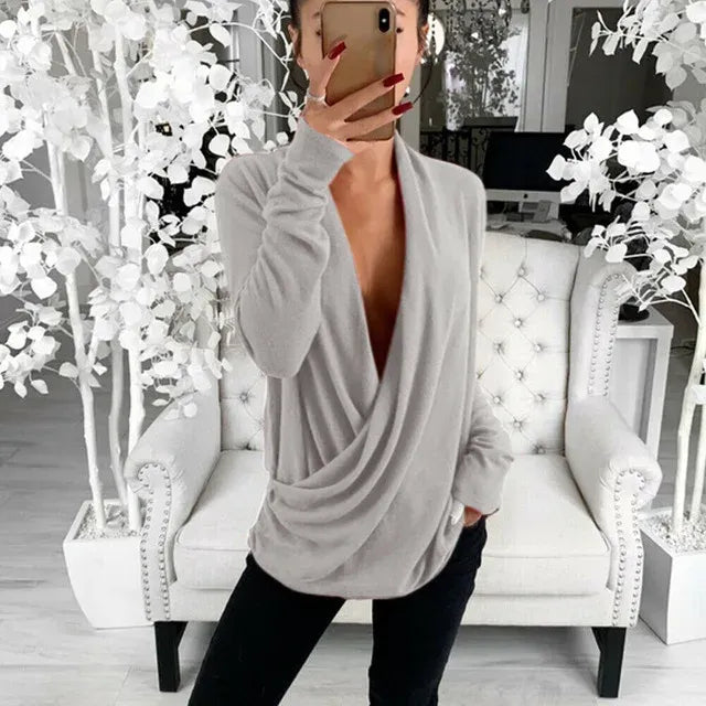 2023 Women's V Neck Long Sleeve Pleated Wrap Top Blouse