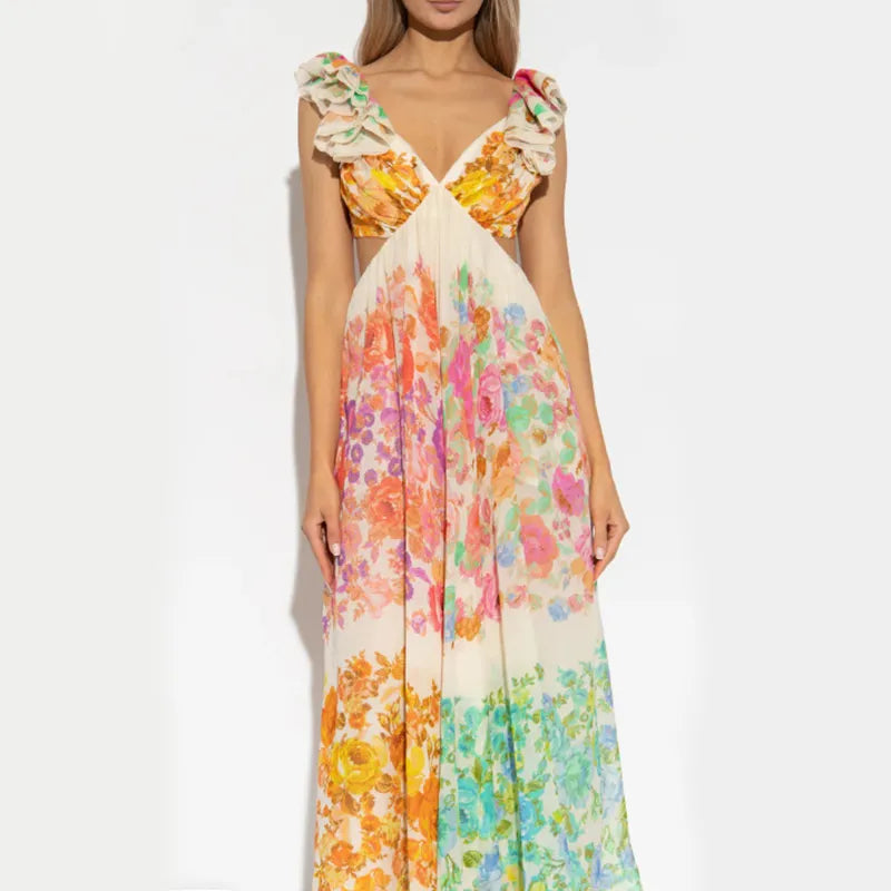 V-Neck Ruffle Sleeve Maxi Dress