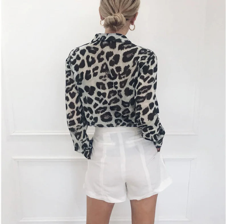 Long Sleeve Chiffon Leopard Print Women’s Shirt