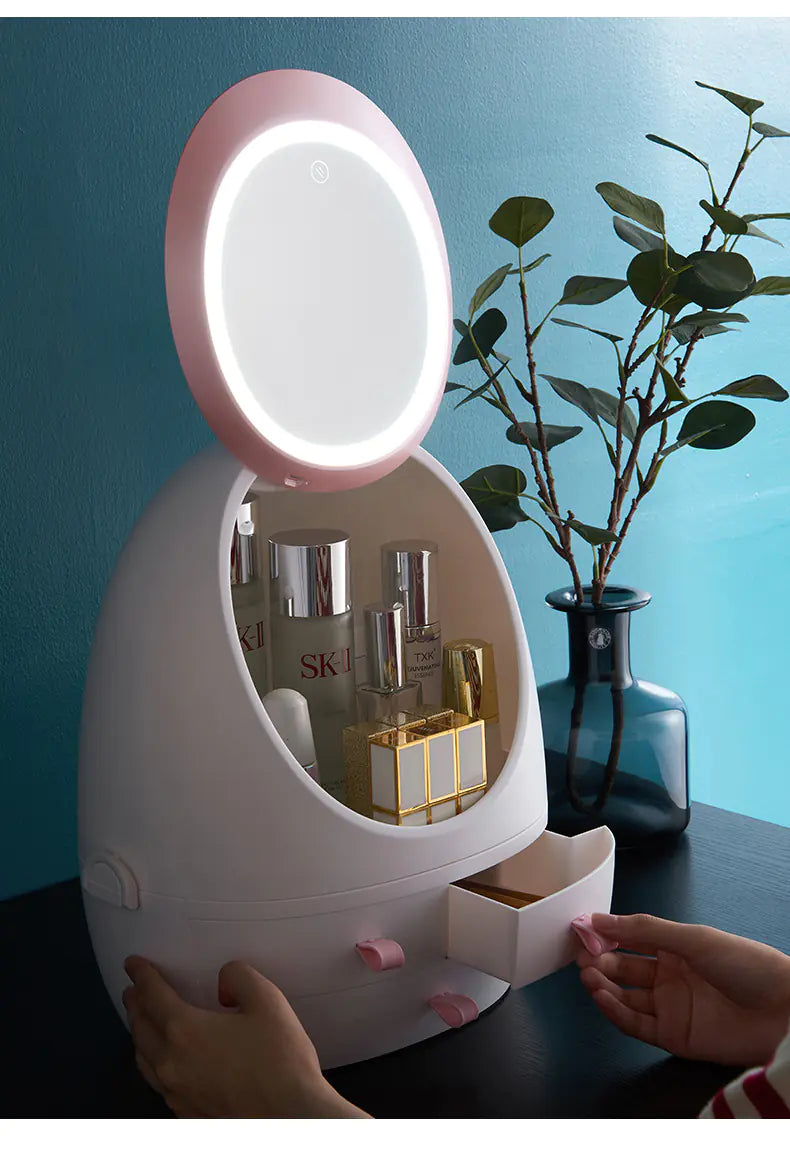 Desktop Makeup Box with LED Mirror and Skincare Holder