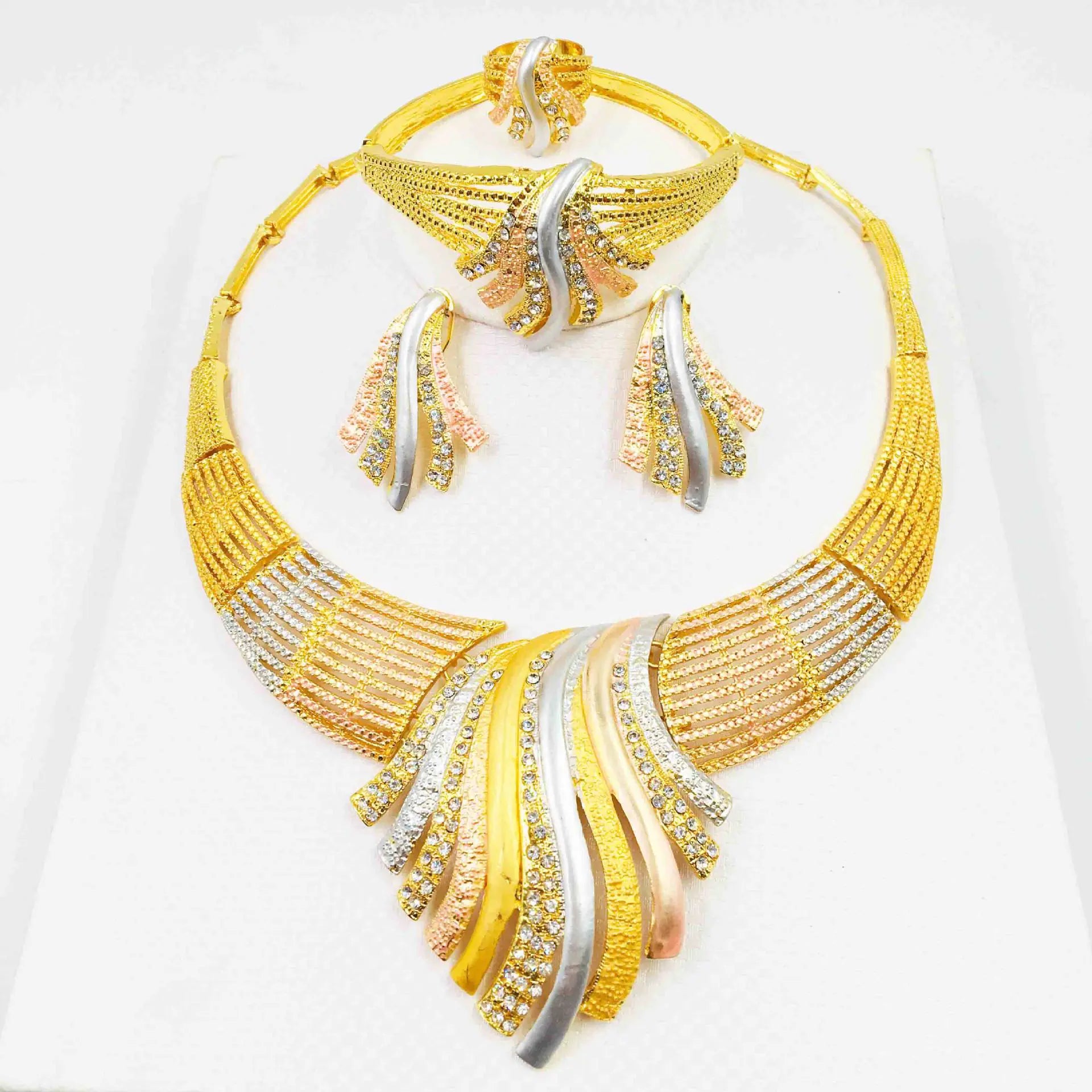 24K Gold Alloy Jewelry Set: Necklace, Bracelet, Ring, Earrings