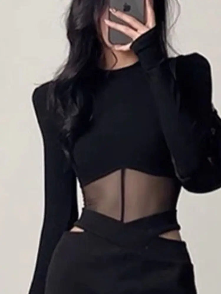 Black Long Sleeve Slim Fit Crop Top for Women