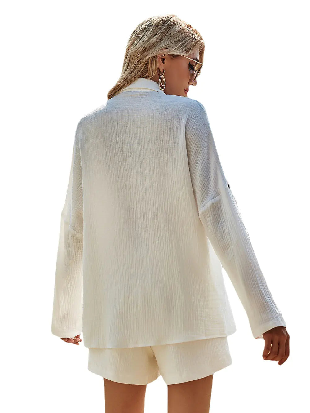 European Women’s Casual Outfit: Long Sleeve Shirt & Shorts