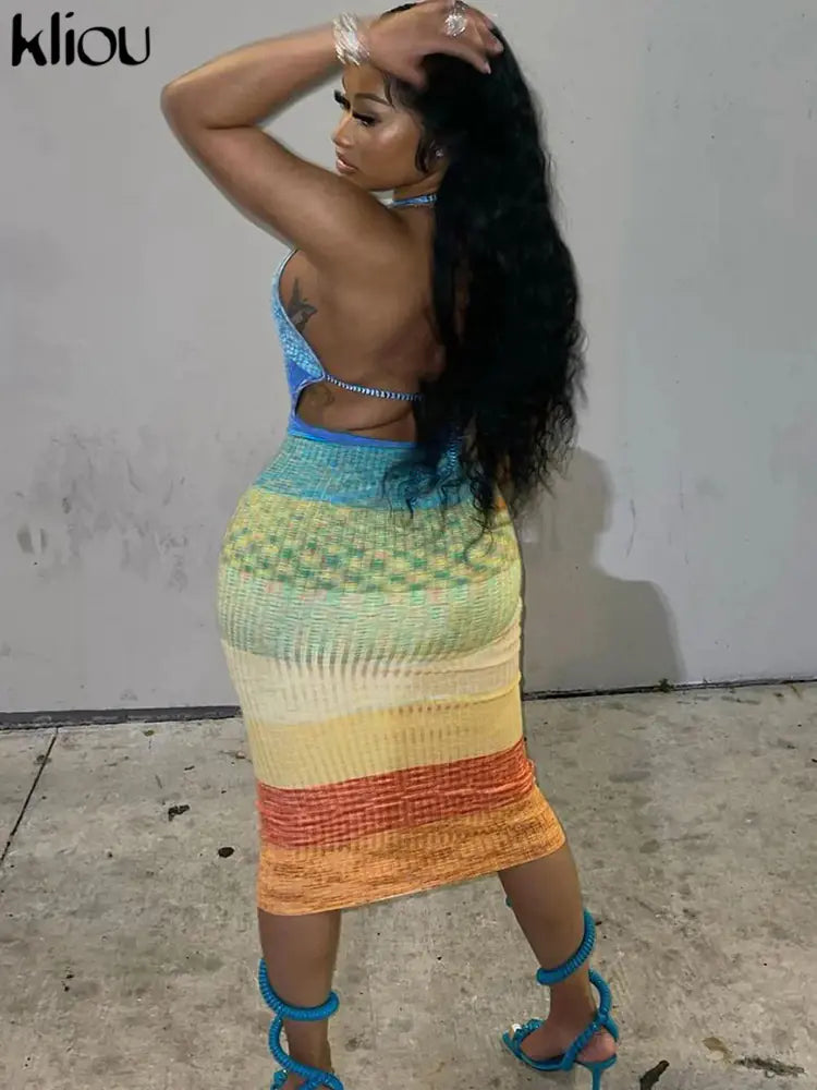 Women’s Sexy Backless Multicolor Lace-Up Long Dress