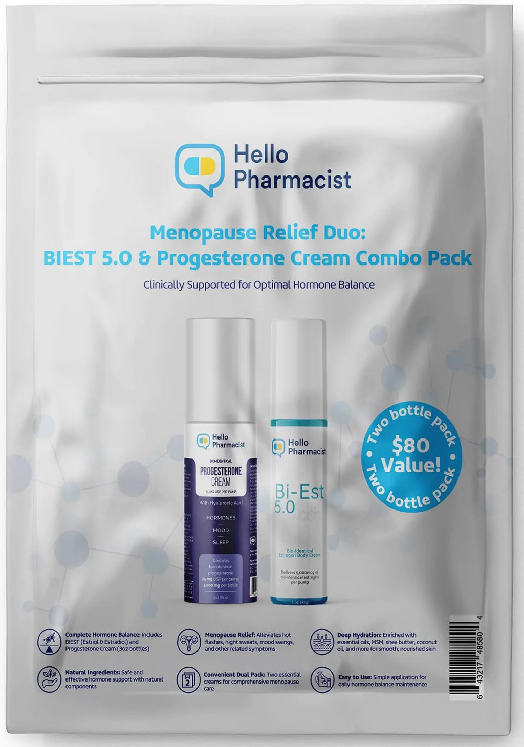 HelloPharmacist Bi-EST 5.0 + Progesterone 5000mg (75mg/Pump) MAX Duo Combo Pack - Bio-Identical Menopause Relief Creams for Women - $80 Value Pack - (2X 3oz Bottles) - with Added Moisturizers