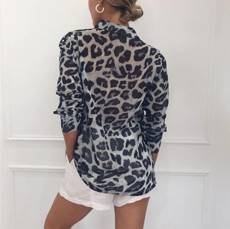 Long Sleeve Chiffon Leopard Print Women’s Shirt