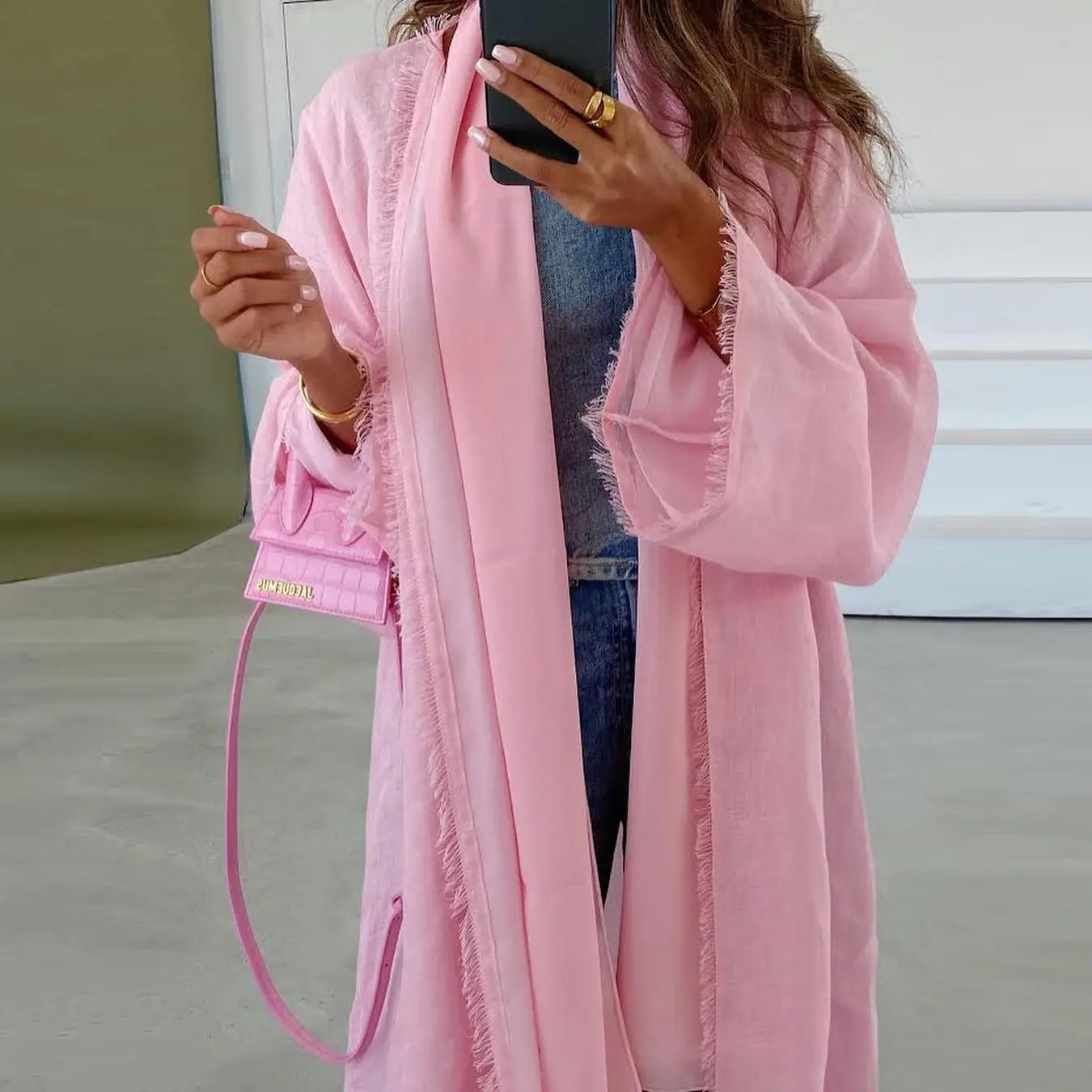 Solid Color Modest Long Dress – Cotton Cardigan Shawl