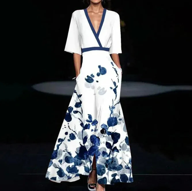 Summer Floral V-Neck Split Long Dress with Belt - Short Sleeve A-Line Maxi Dress for Women