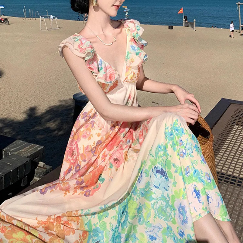 V-Neck Ruffle Sleeve Maxi Dress