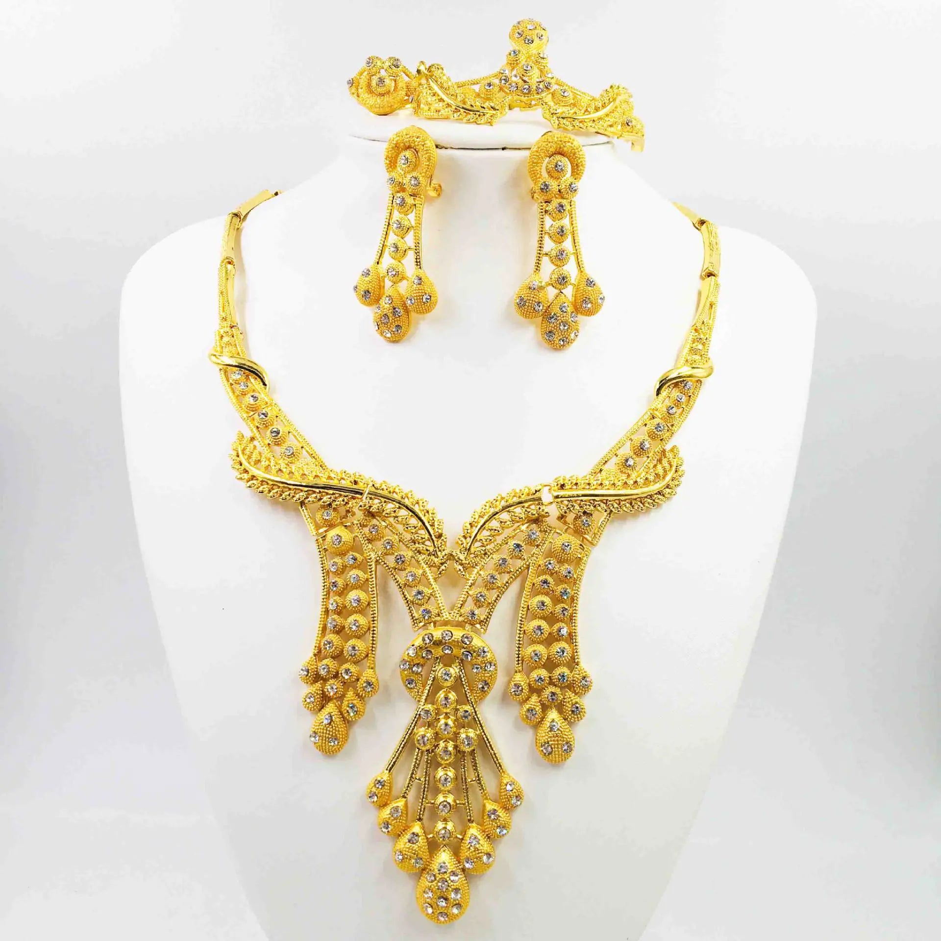 24K Gold Alloy Jewelry Set: Necklace, Bracelet, Ring, Earrings