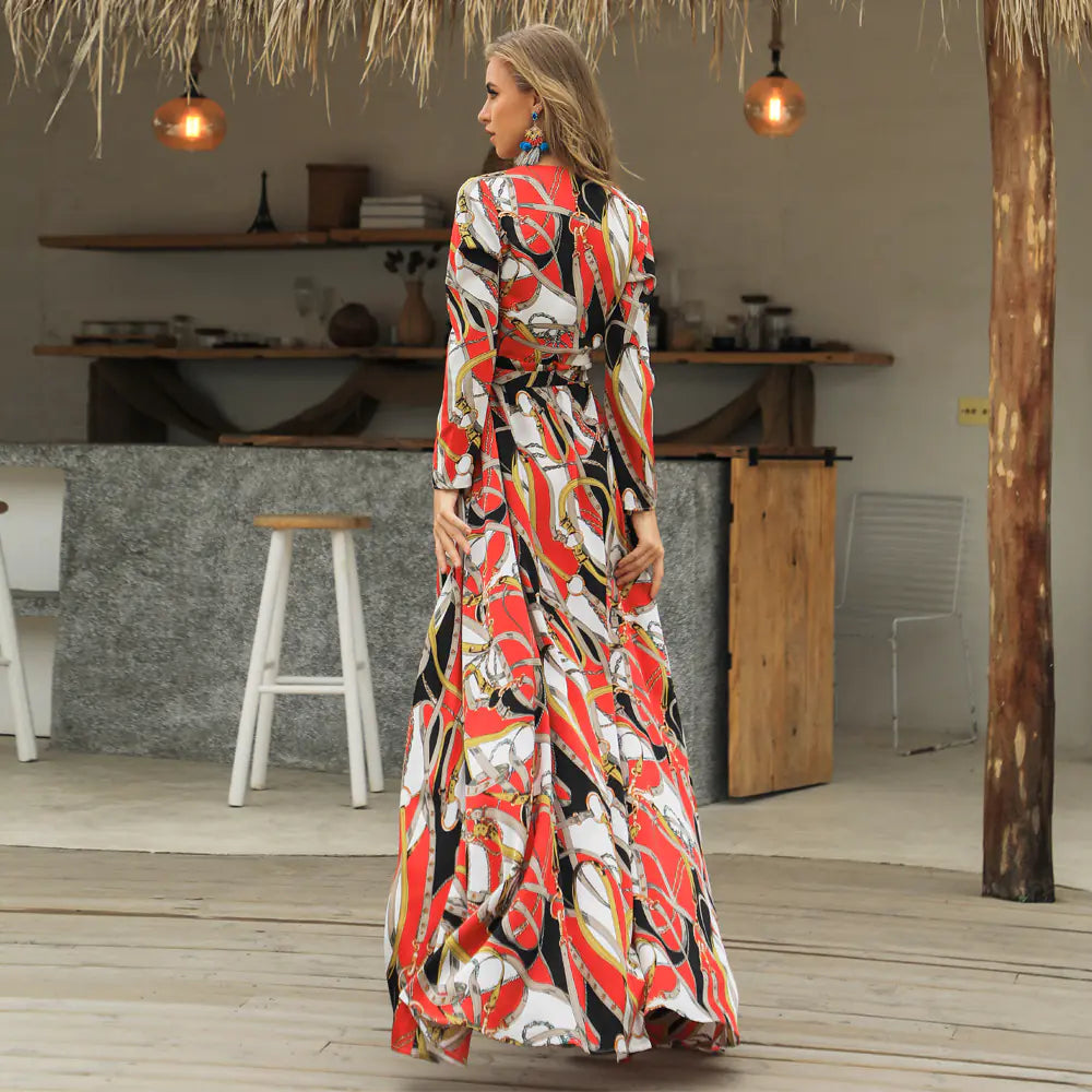 Autumn New Long Sleeve Deep V Neck Print Maxi Dress