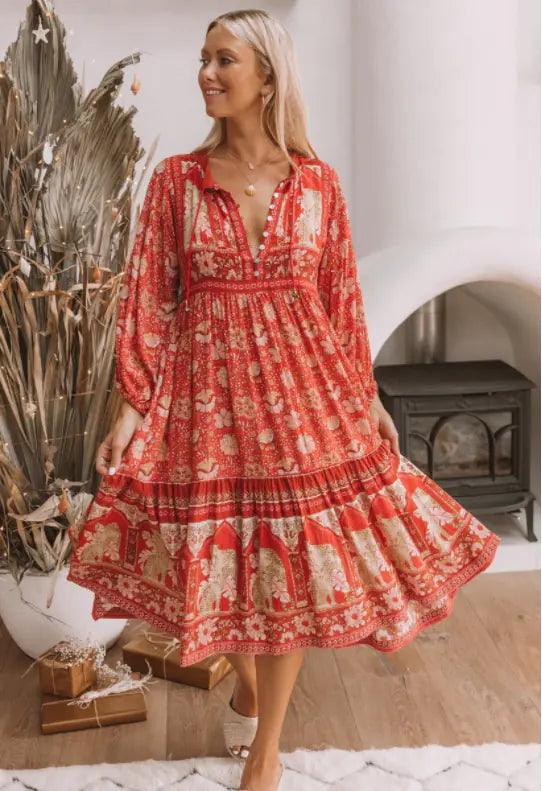 Floral Print Long Sleeve Maxi Dress with Buttons