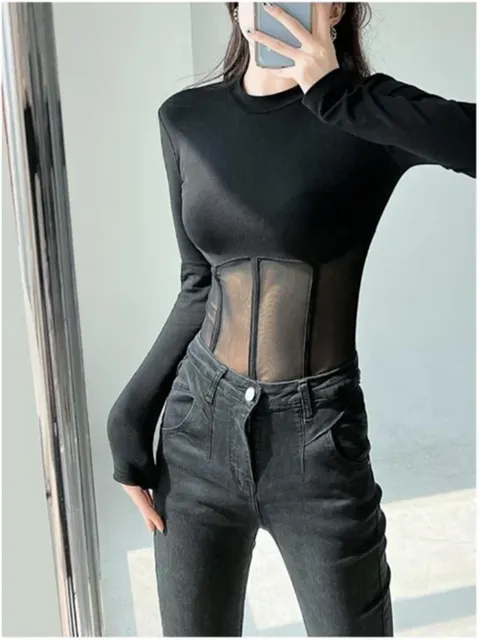 Black Long Sleeve Slim Fit Crop Top for Women