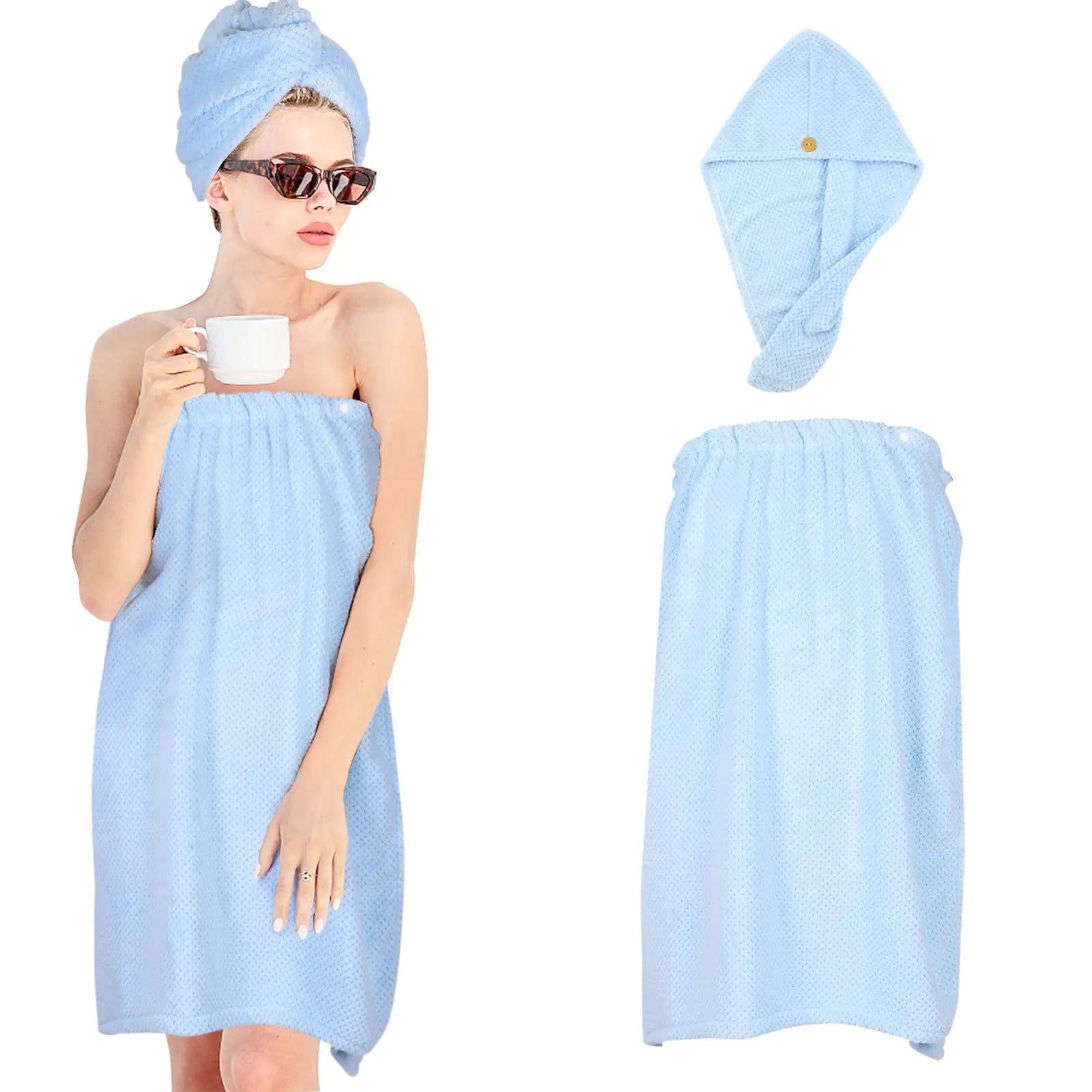 TOCOHO Women Microfiber Bath Wrap Towel and Hair Drying Towel - Adjustable Soft Body Wraps Dress with Hair Towel Super Absorbent to Quick Drying Hair and Body (Blue)